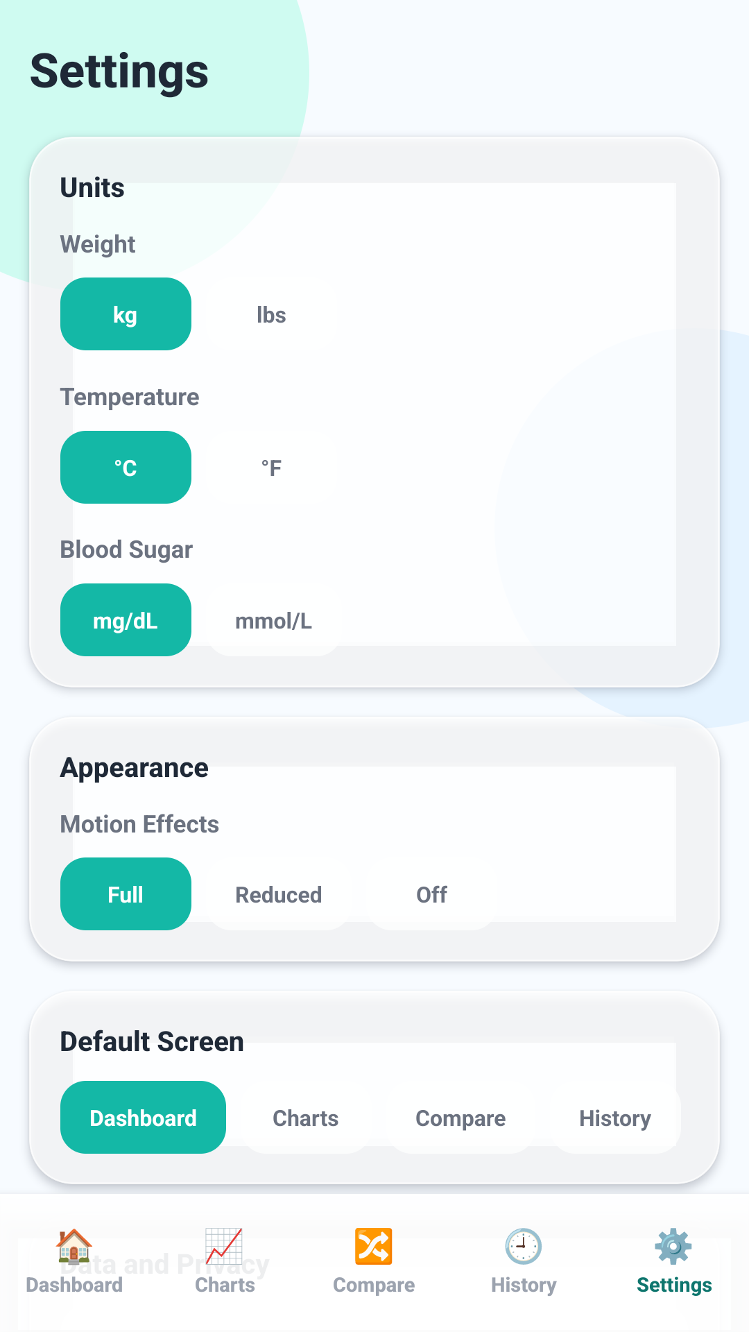 Health Chart Buddy settings screen